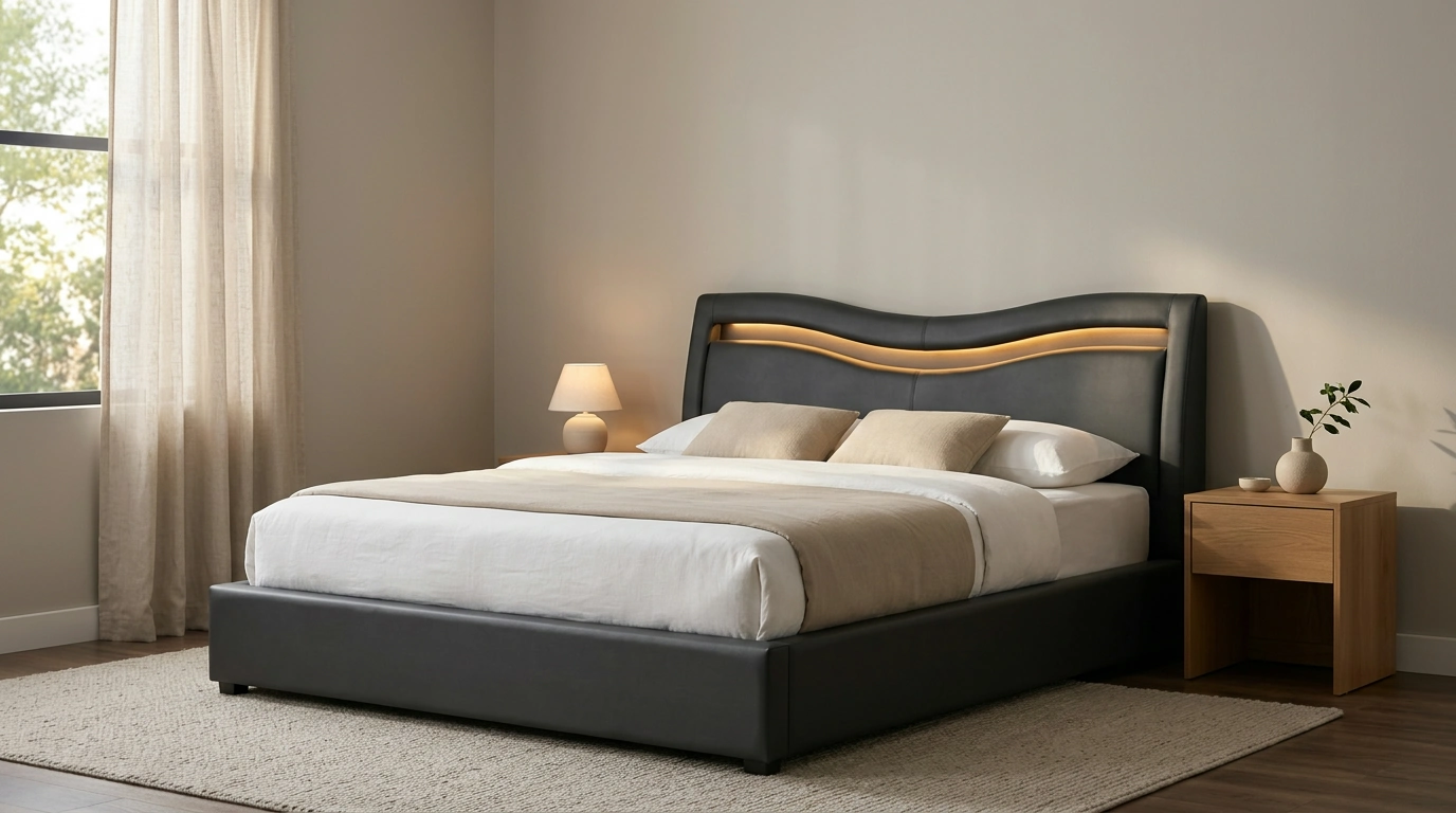 Wave LED Queen Faux Leather Bed Frame (No Box Spring)